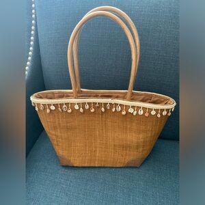 Gorgeous Summer Woven Straw Tote Bag with Sea Shells & Plastic Handles & Corner